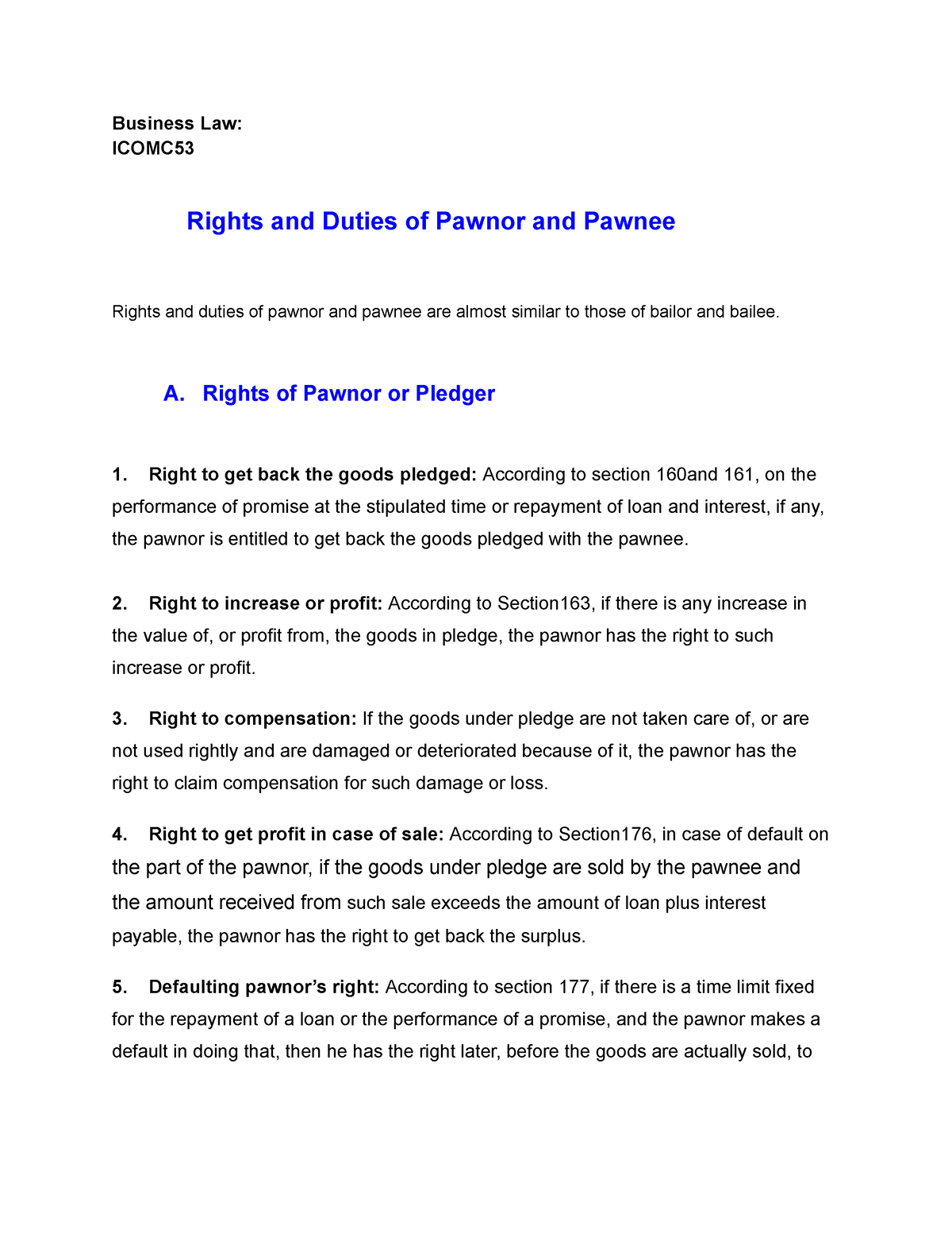 Rights and Duties of Pawnor and Pawnee - Business Law: ICOMC Rights and ...