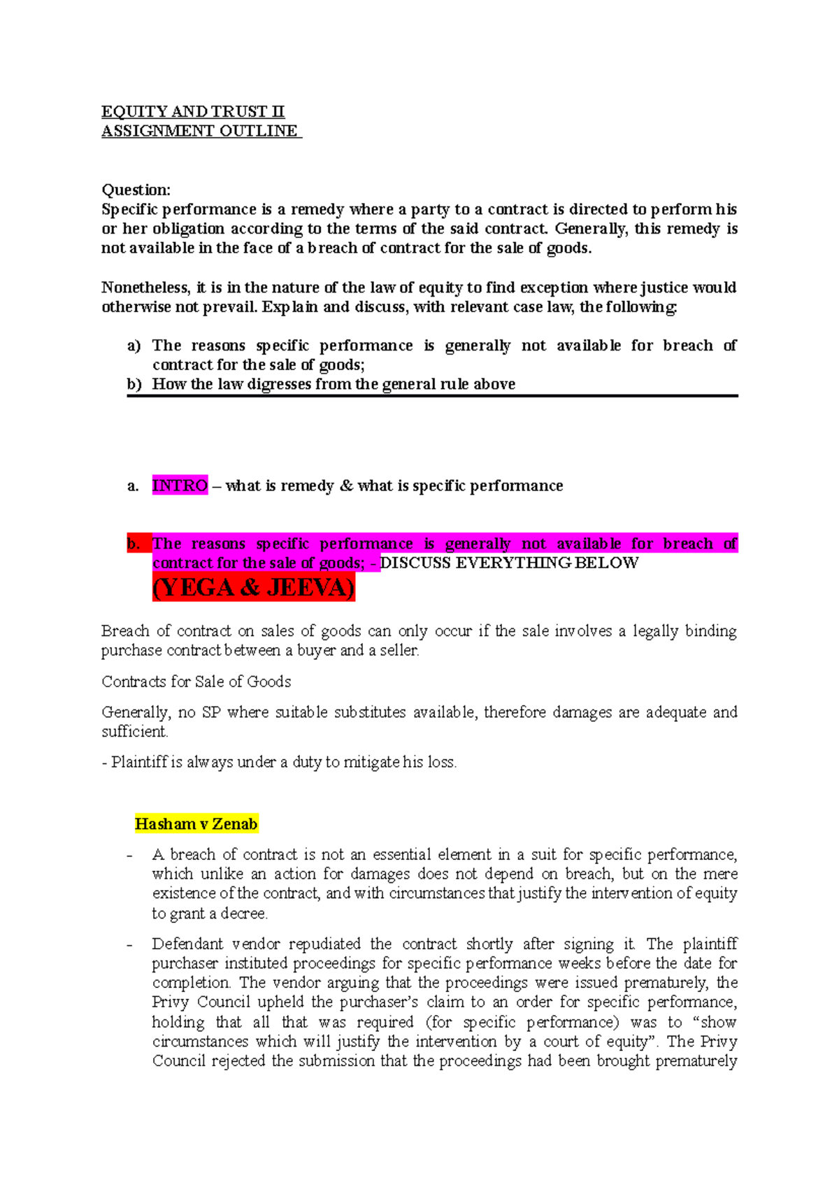 Equity assignment outline brief notes - EQUITY AND TRUST II ASSIGNMENT ...