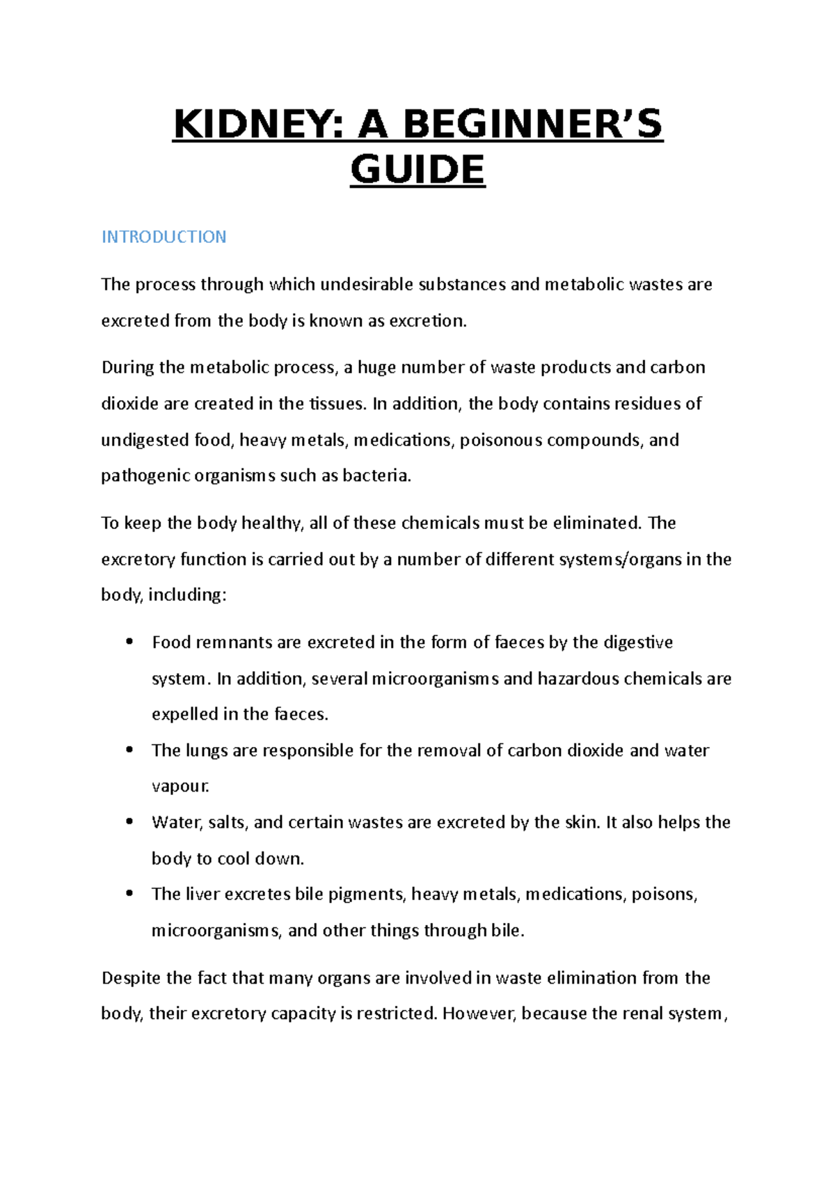 Note on Kidney Lecture notes 1 KIDNEY A BEGINNER’S GUIDE