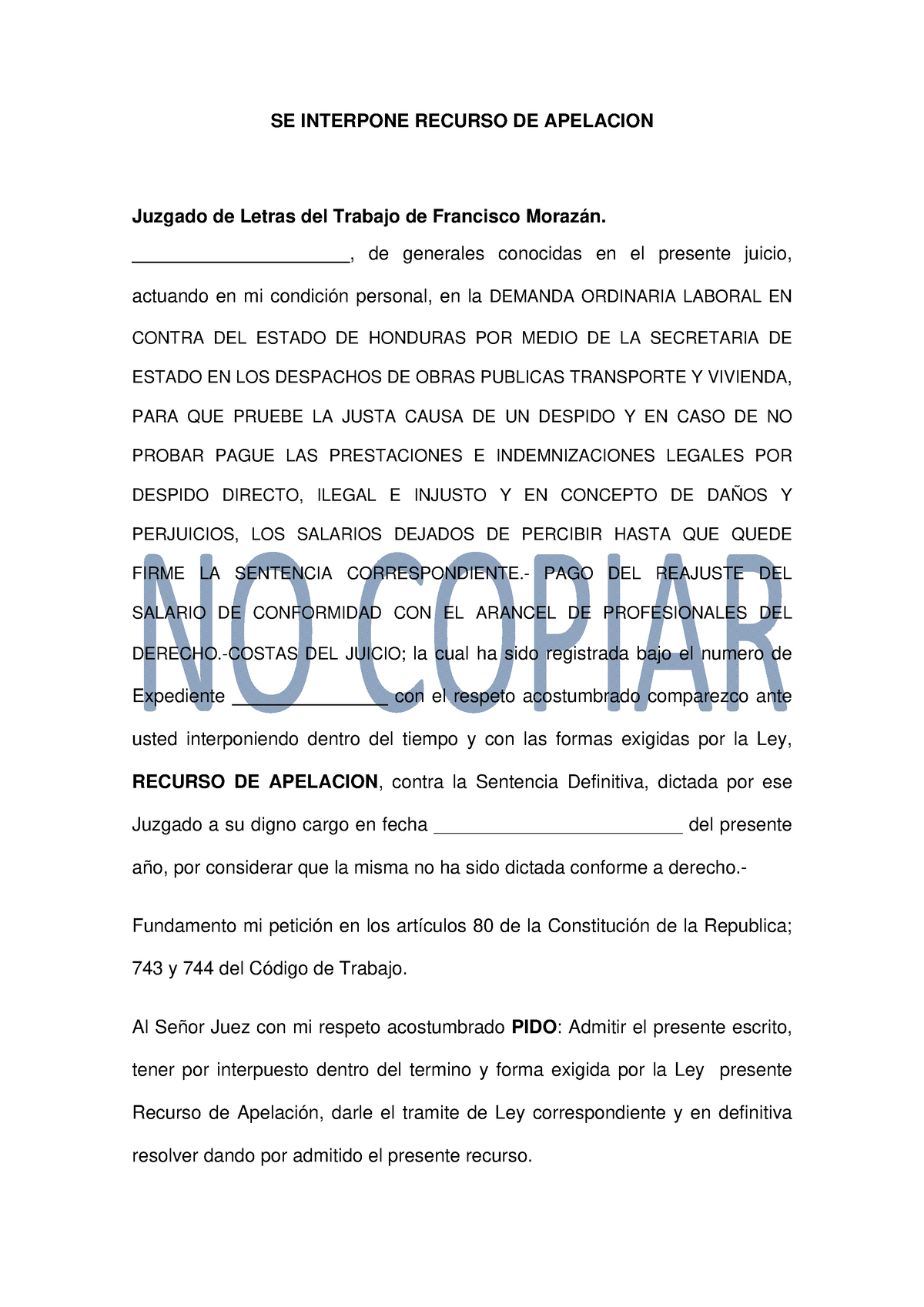 Apelacion-laboral - Formato De Recurso De Apelacion De Derecho Laboral ...