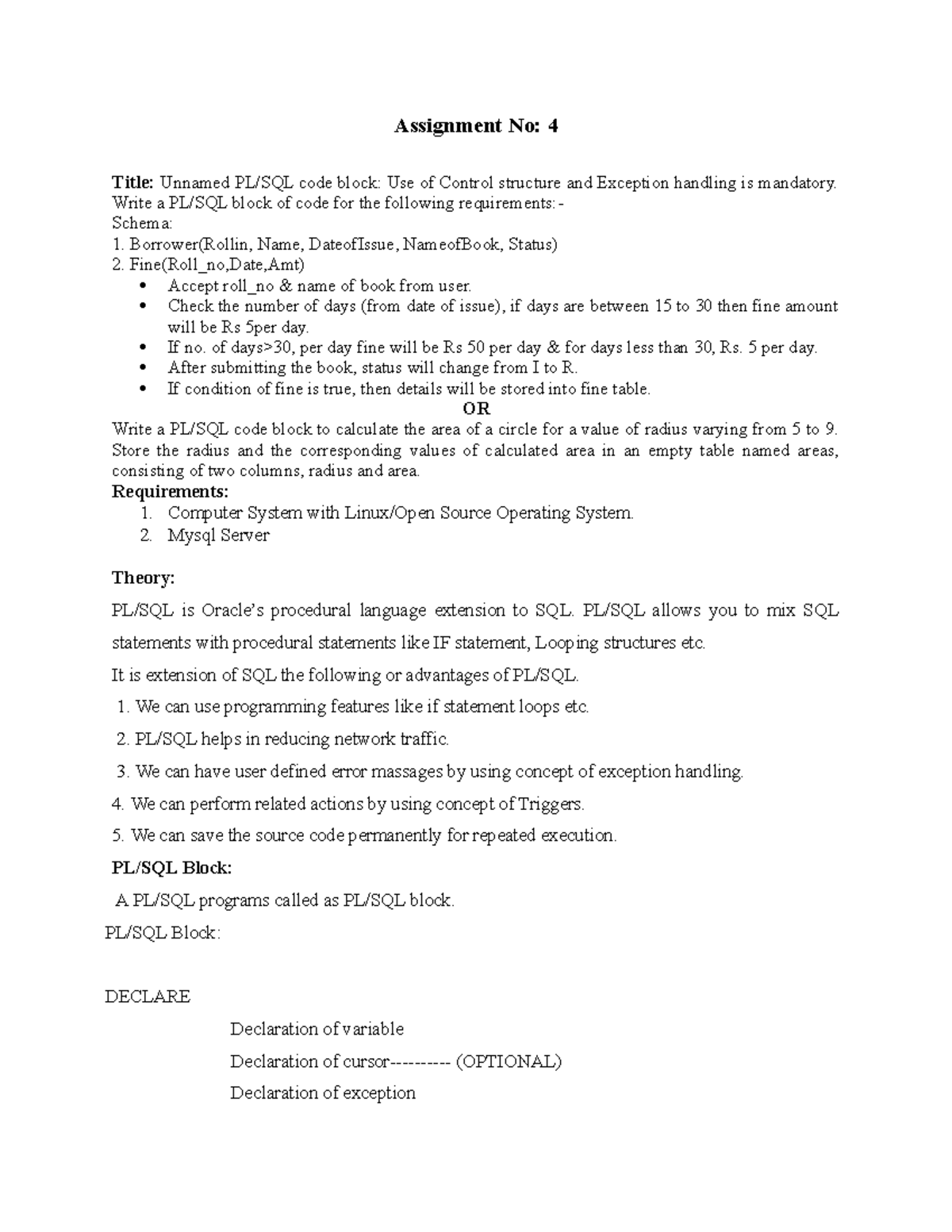 Dbmsl Assignment-4 new - Assignment No: 4 Title: Unnamed PL/SQL code ...