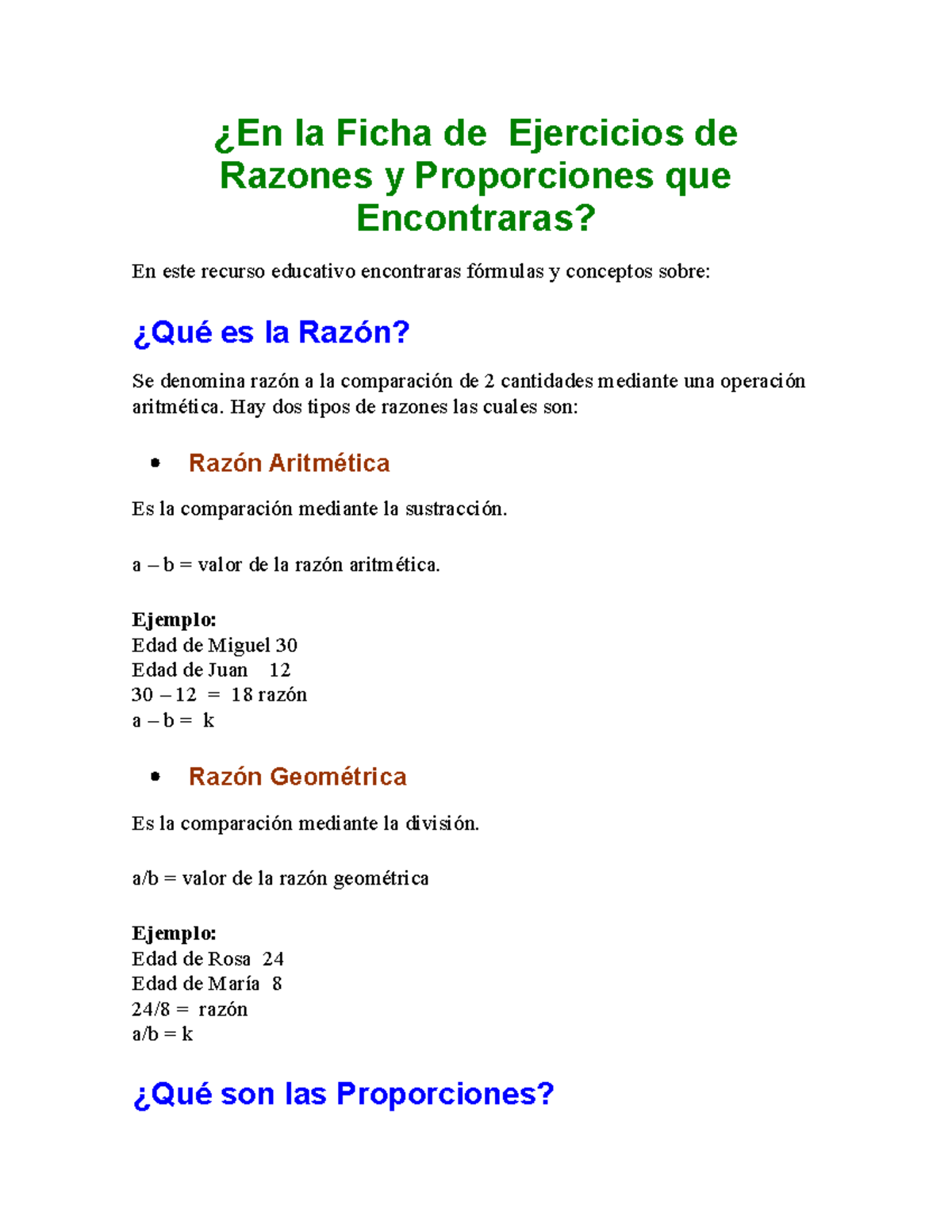 Razones Y Proporciones - ¿En La Ficha De Ejercicios De Razones Y ...