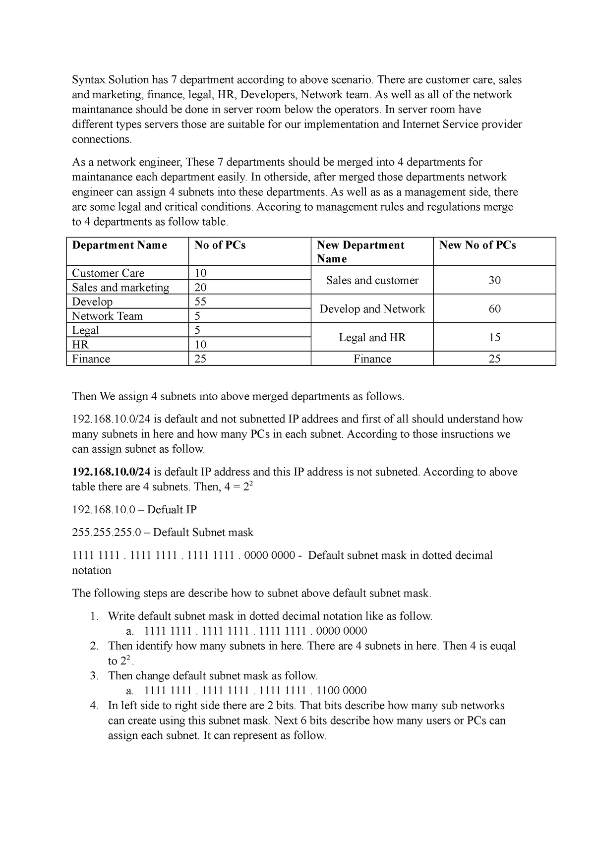 Subnetting network Diagram - Syntax Solution has 7 department according ...