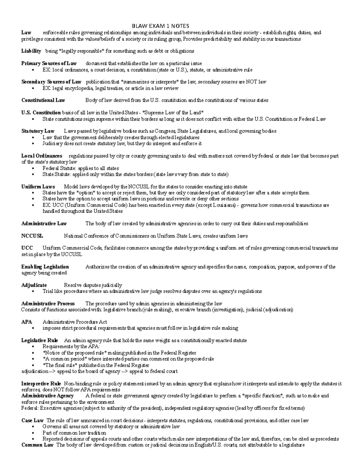 Blaw exam 1 notes - module 1 - Law enforceable rules governing ...