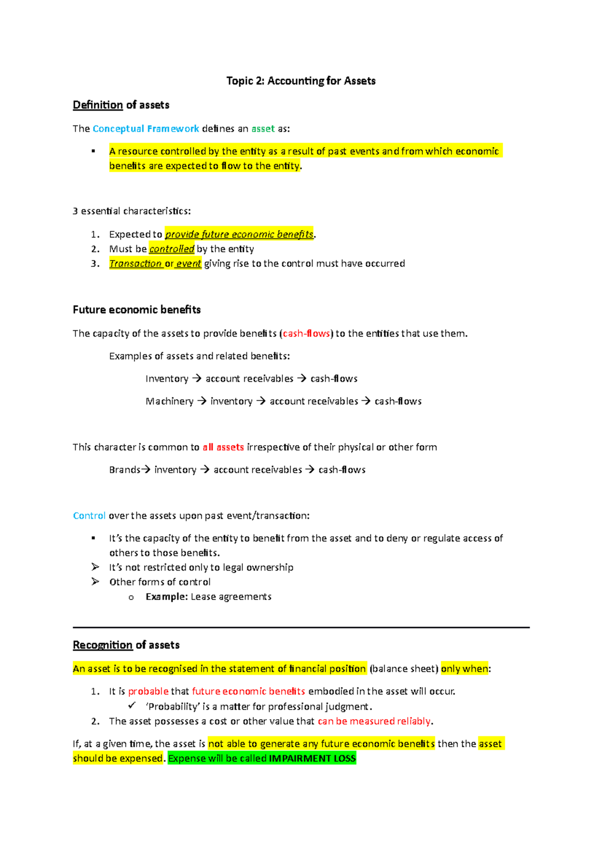 Week 2 Lecture notes - Topic 2: Accounting for Assets Definition of ...