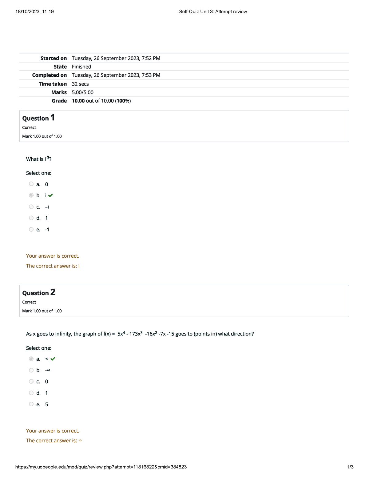 Self-Quiz Unit 3 Attempt Review 9 - 18/10/2023, 11:19 Self-Quiz Unit 3 ...