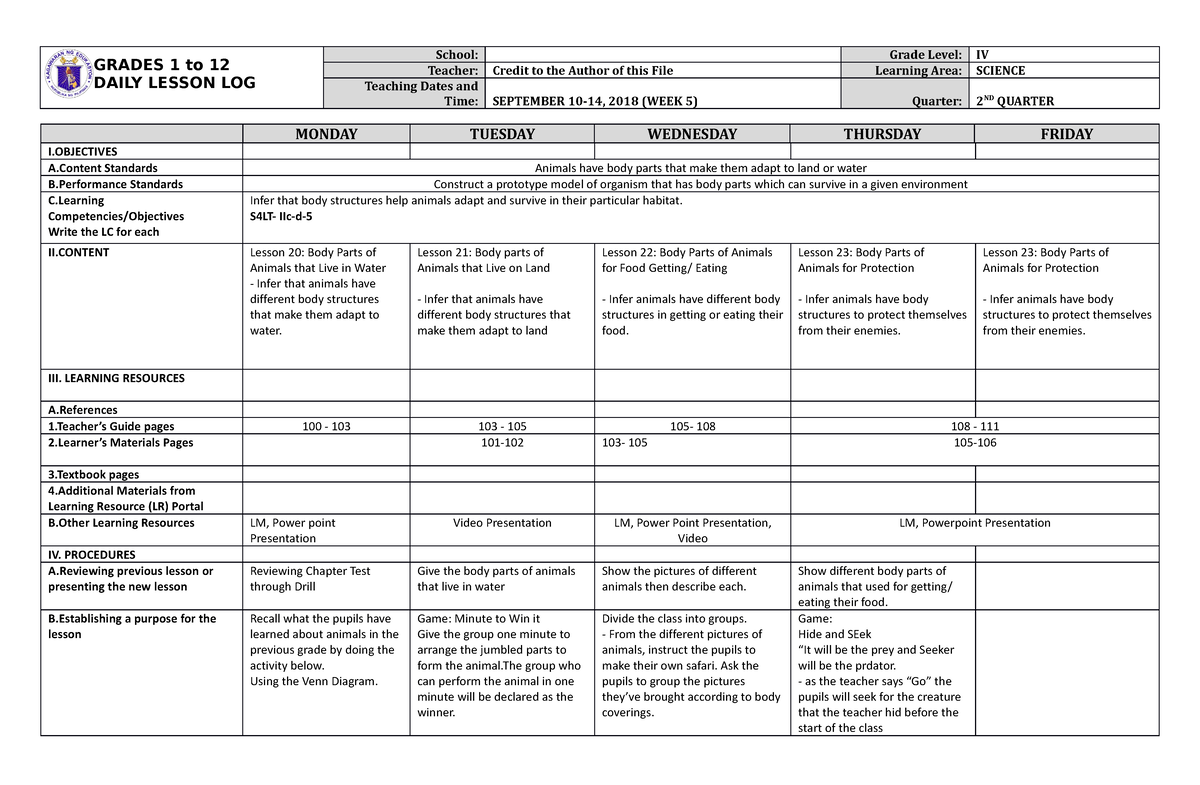 DLL Science 4 Q2 W5 - GRADES 1 to 12 DAILY LESSON LOG School: Grade ...