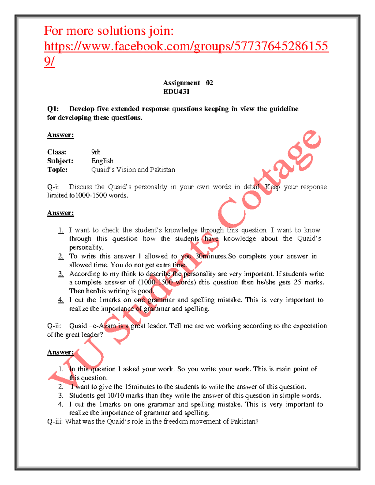 Assignment 02 EDU431 idea solution 2020 - For more solutions join ...