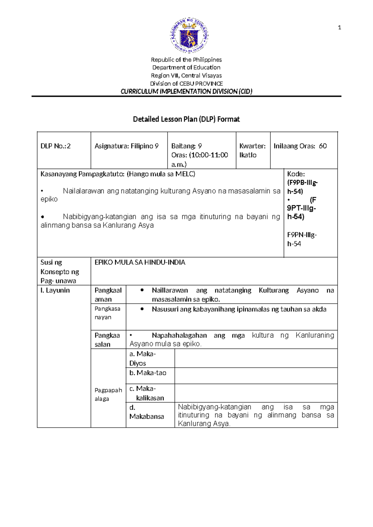 Demo Fil 9 Detailed Lesson Plan Republic Of The Philippines Department Of Education Region 3360