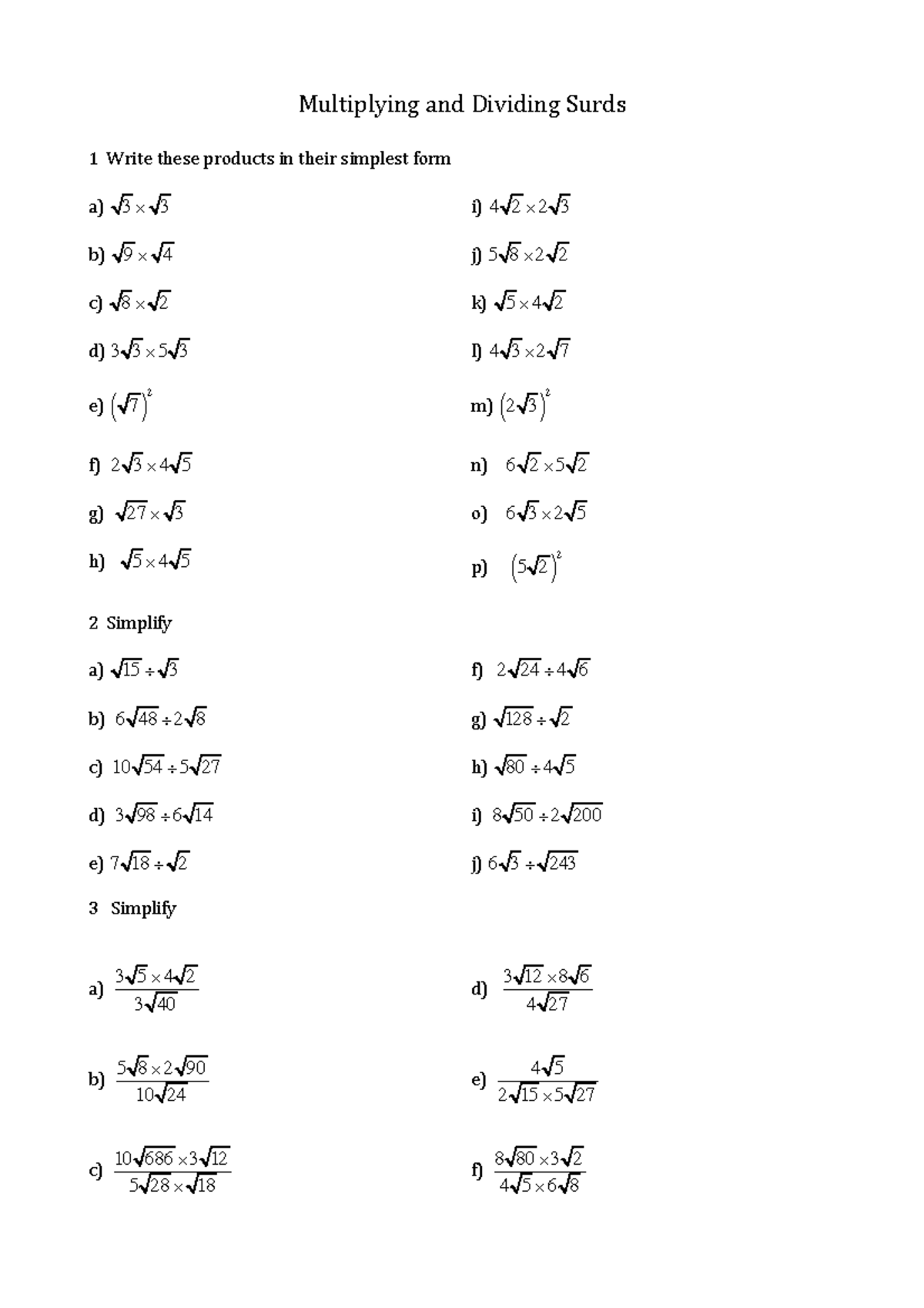 Multiplying and dividing surds yr10 - 1131 - UNSW Sydney - Studocu