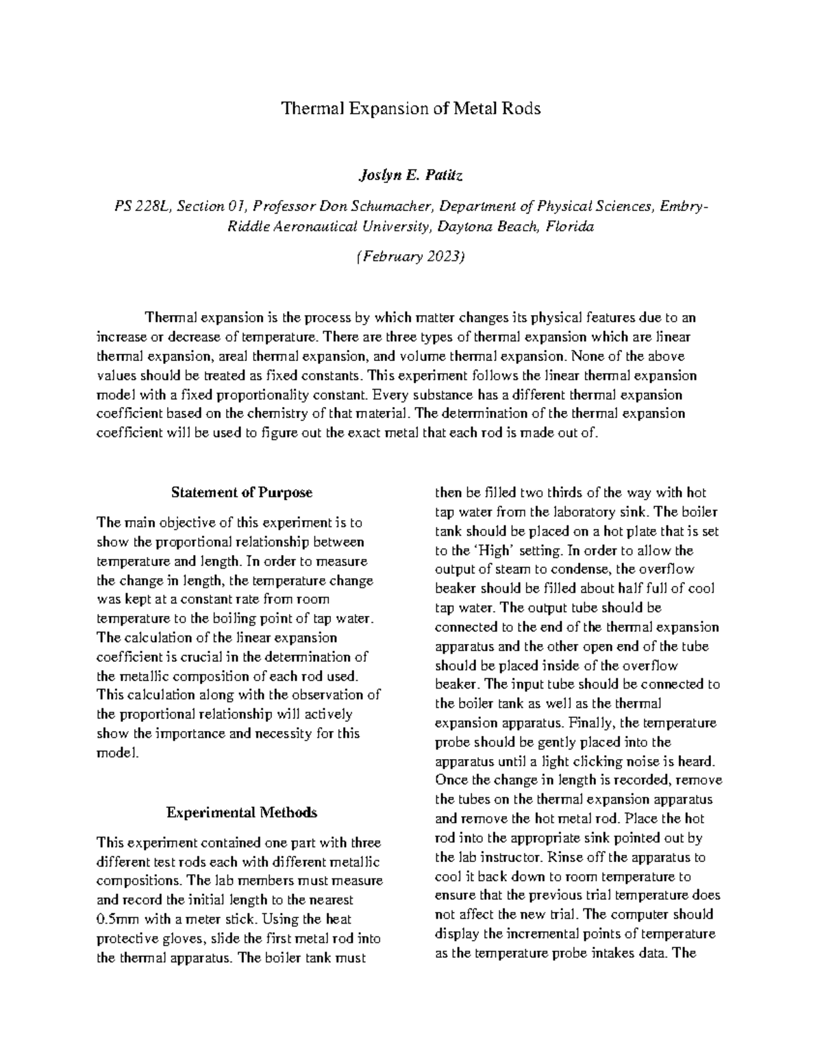 Thermal Expansion Lab Summary Thermal Expansion of Metal Rods Joslyn