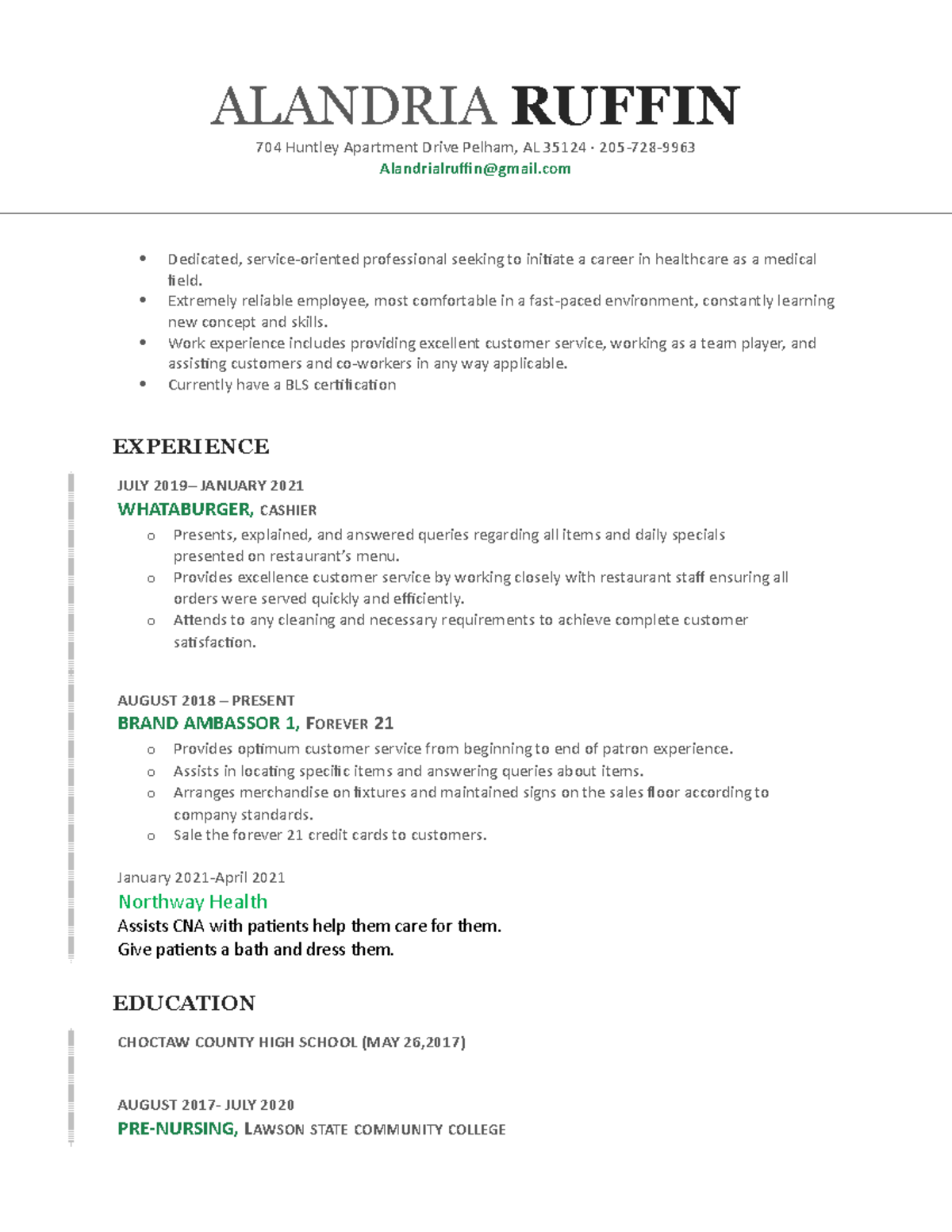 Alandria l ruffin resume - NUR 105 - Lawson State - Studocu