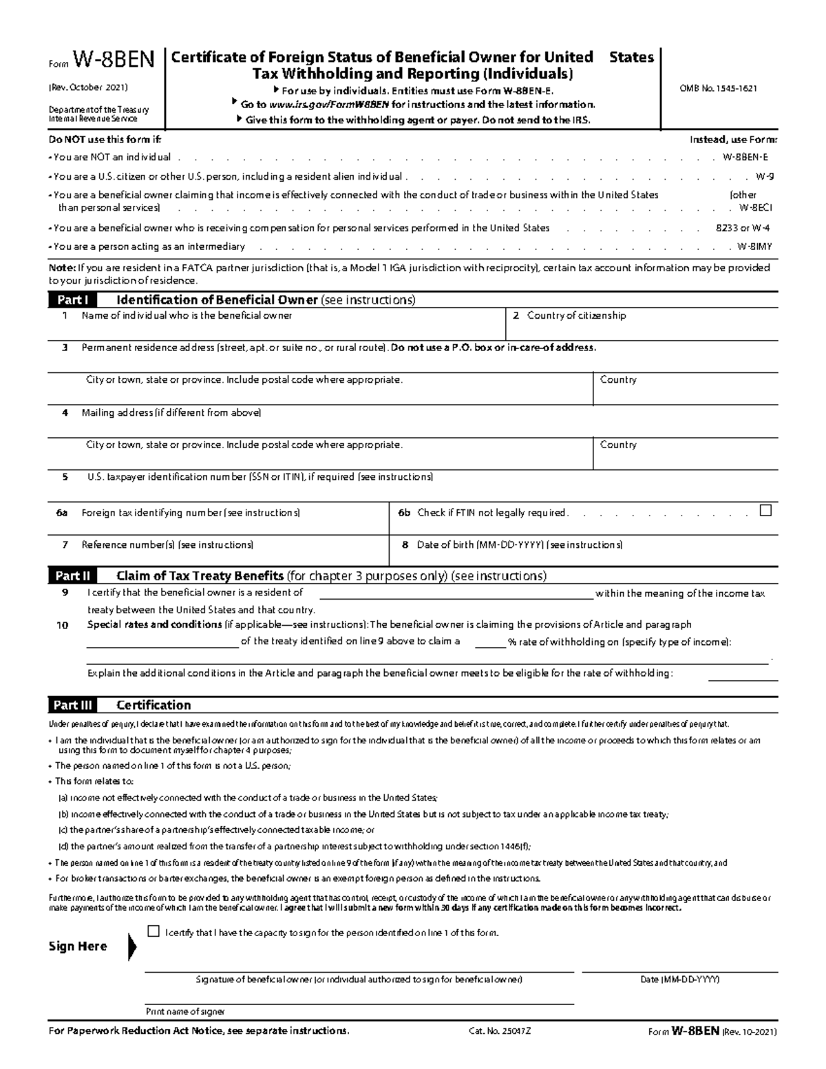 LMS Answer (AMA) - Form W-8BEN (Rev. October 2021) Department of the ...