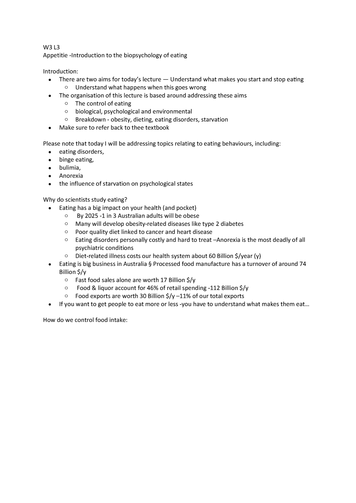 W3 L3 - Detailed lecture notes - W3 L Appetitie -Introduction to the ...