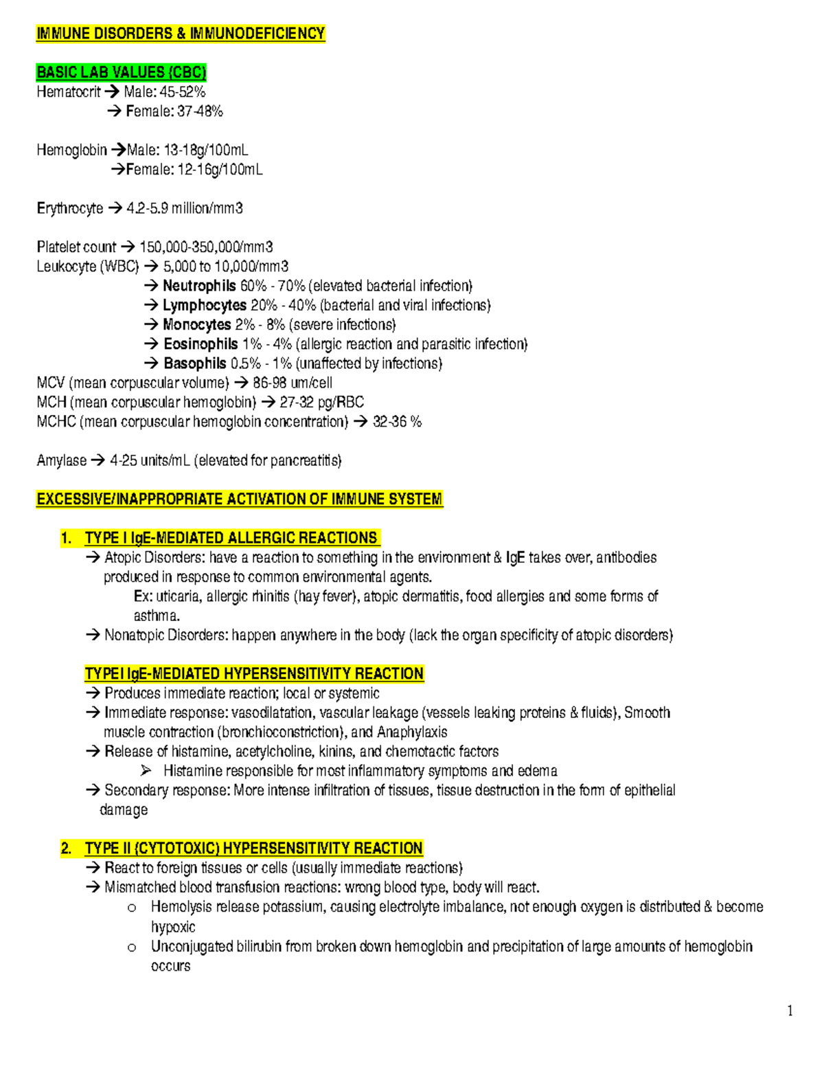 Patho Exam 2 Lecture notes 48 IMMUNE DISORDERS & IMMUNODEFICIENCY BASIC LAB VALUES Studocu