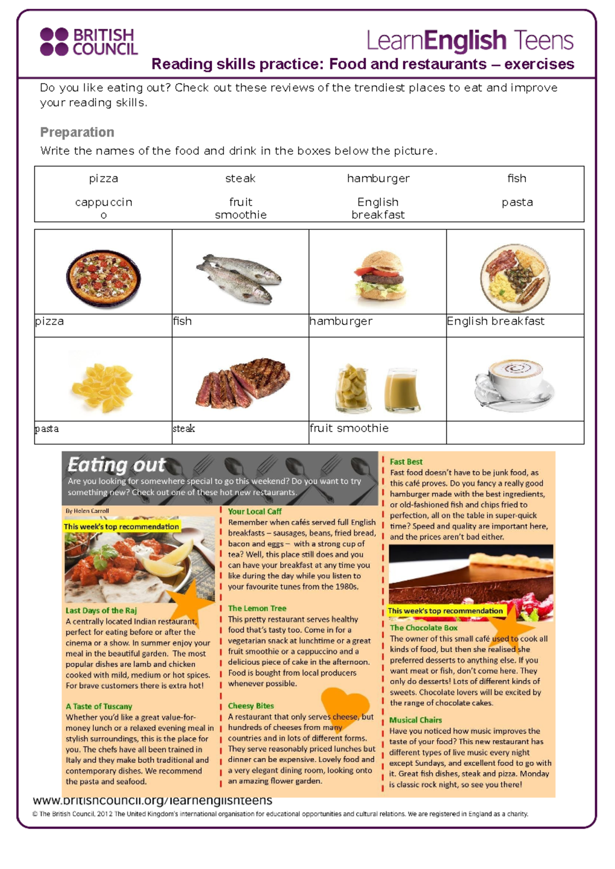 20. Food and restaurants - Preparation Write the names of the food and ...