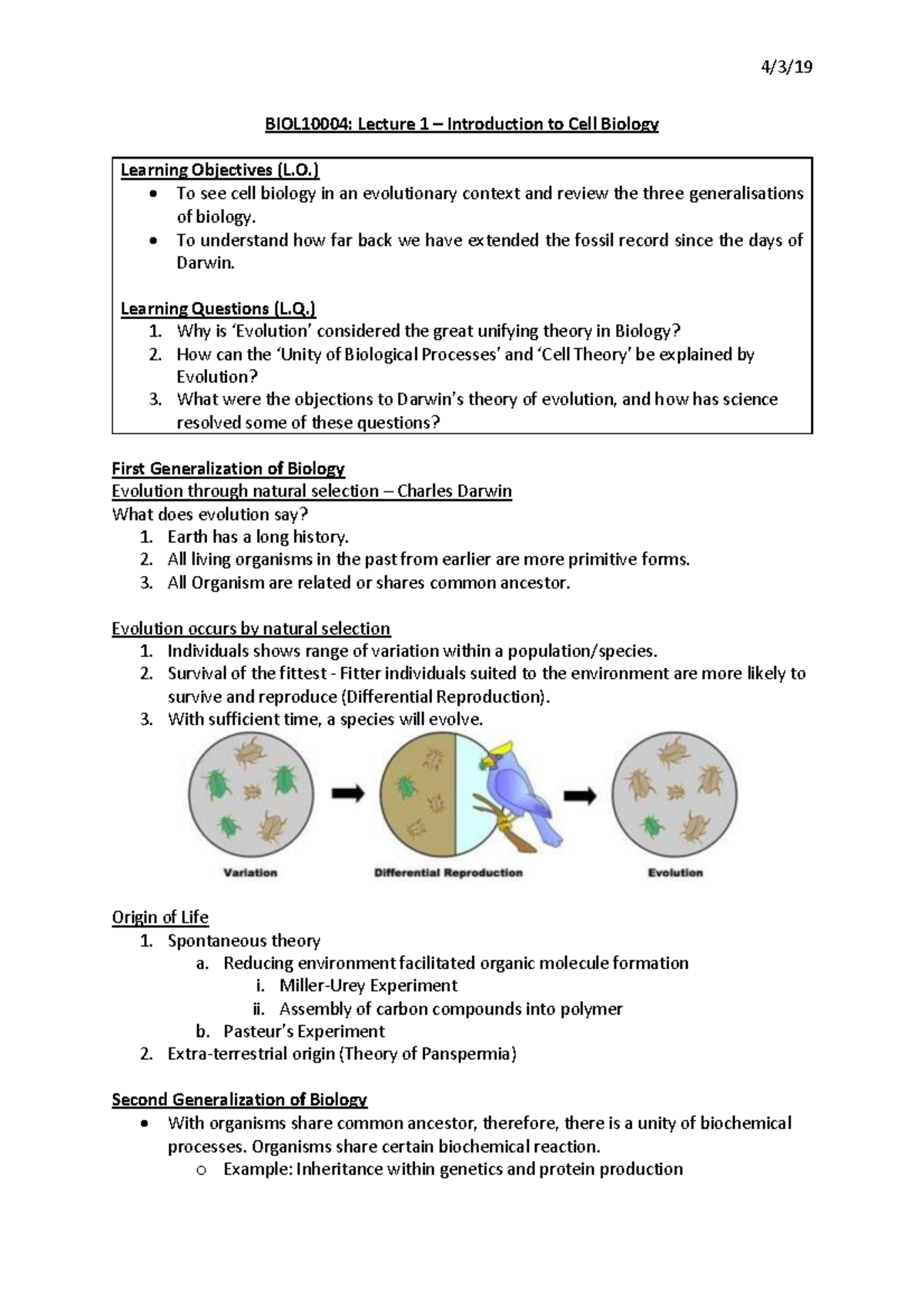 BIOL10004 - Lecture notes 1-24 - BIOL10004: Lecture 1 – Introduction to ...