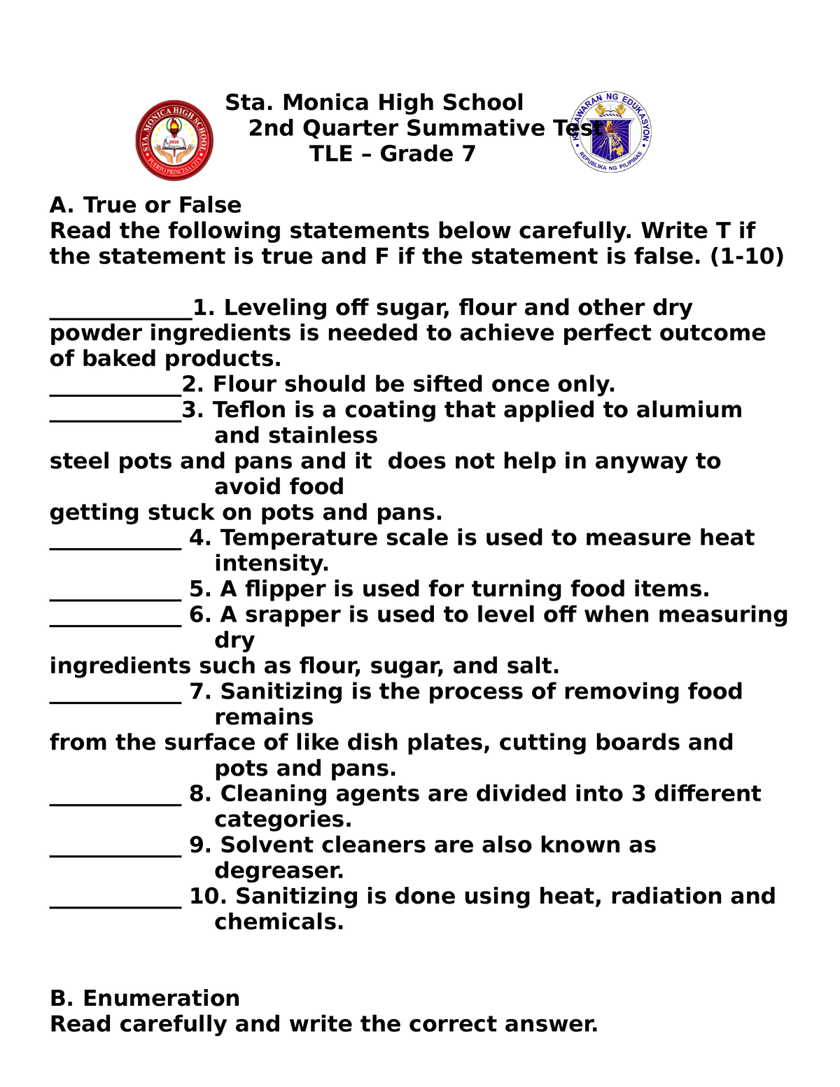 Summative Test Final TLE Gr. 7 - Sta. Monica High School 2nd Quarter ...