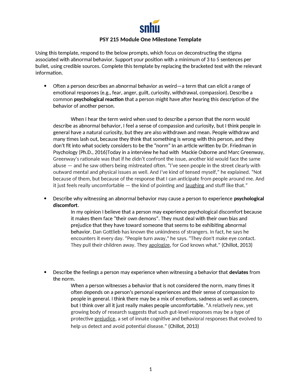 PSY 215 Module One Milestone Template - PSY 215 Module One Milestone ...