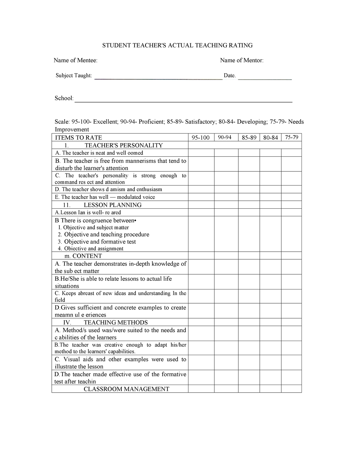 Key note Pag-aaral - STUDENT TEACHER'S ACTUAL TEACHING RATING Name of ...