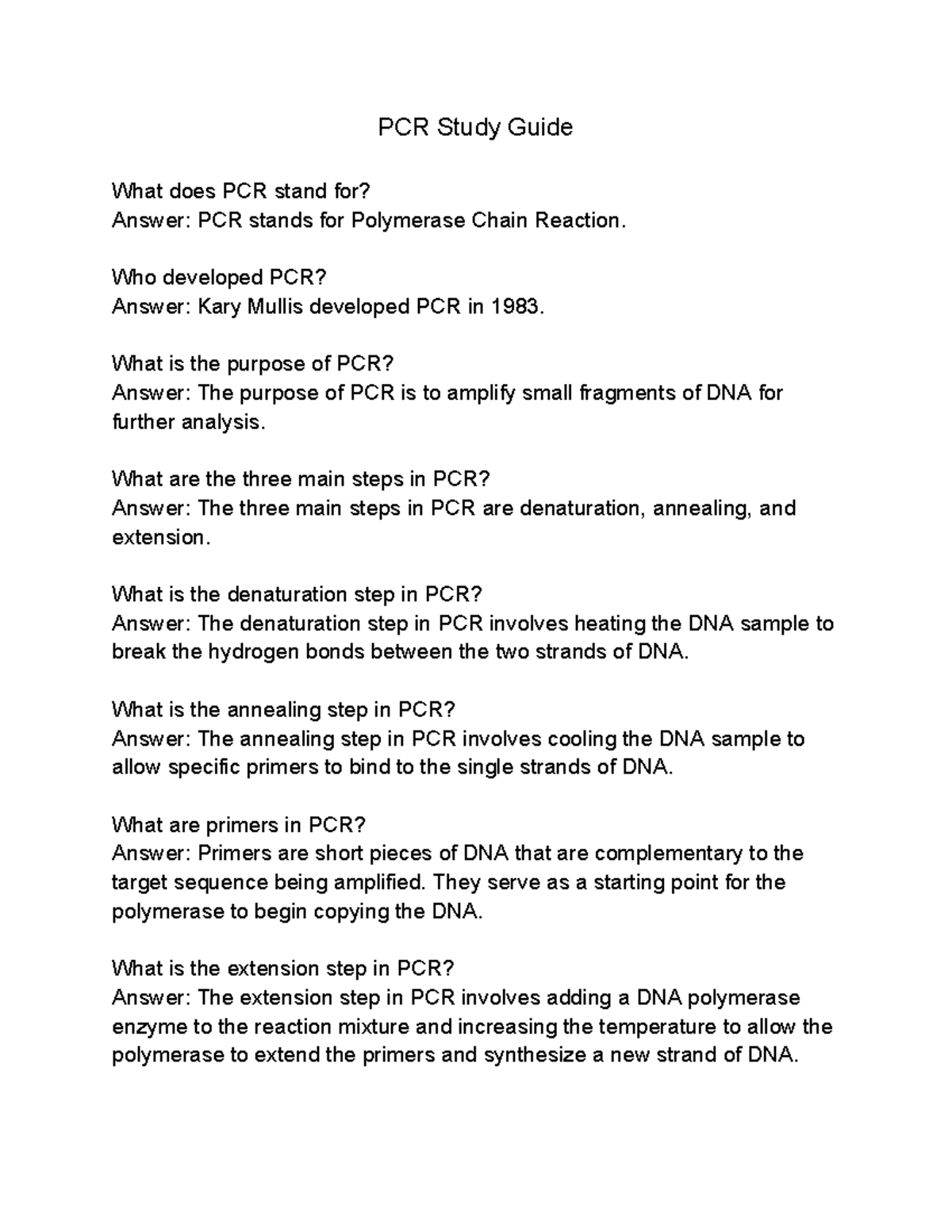 PCR Study Guide PCR Study Guide What does PCR stand for? Answer PCR