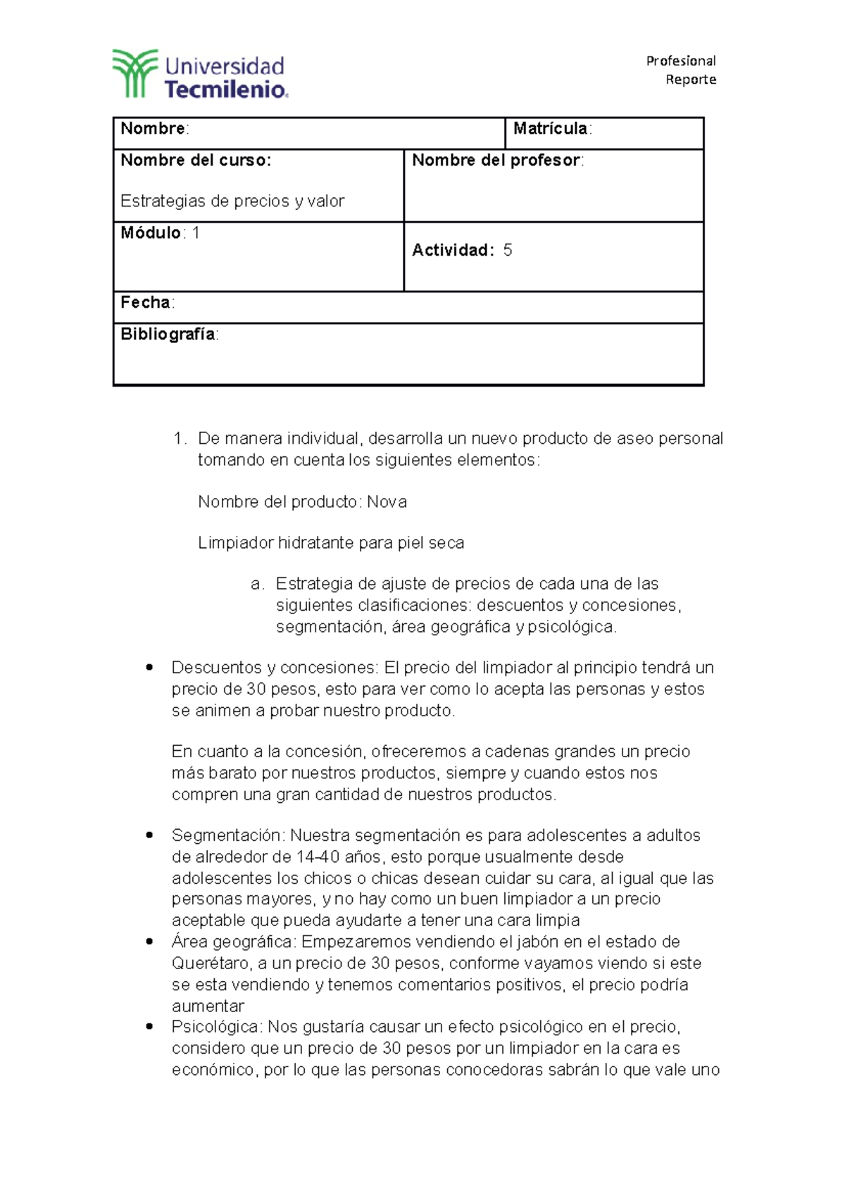 Actividad 5 - Estrategias de precios y valor - Reporte Nombre ...