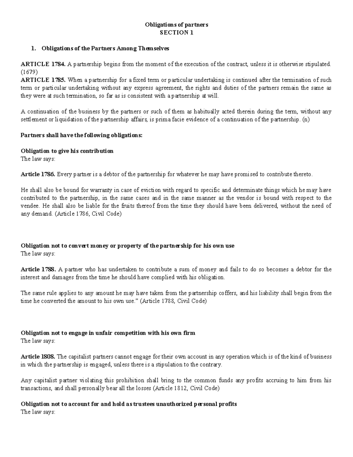 Report sa Law Final - Reviewer - Obligations of partners SECTION 1 1