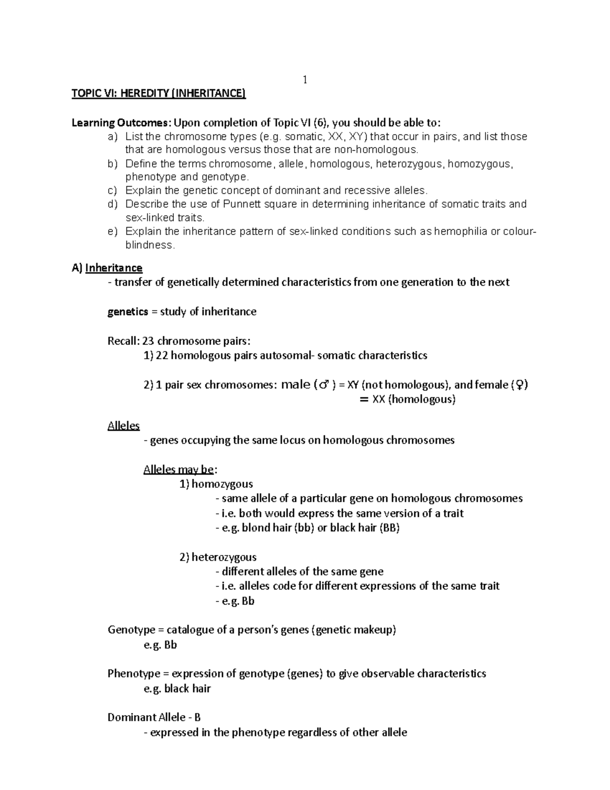 Topic VI Heredity (Inheritance) - TOPIC VI: HEREDITY (INHERITANCE ...