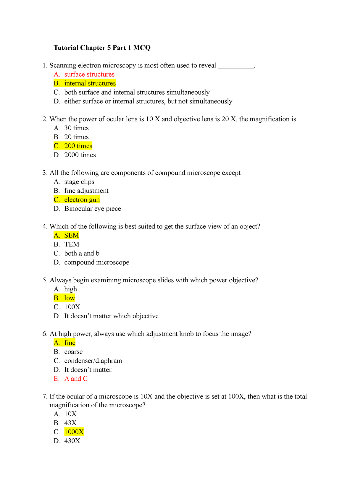 Bio tutorial 5 part 1 - Tutorial Chapter 5 Part 1 MCQ Scanning electron ...