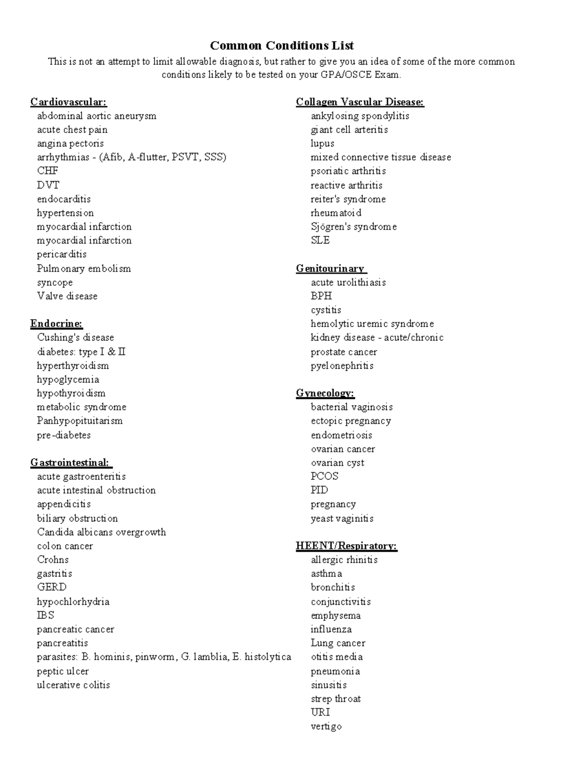 OSCE 2. Common Conditions List - Cardiovascular: Collagen Vascular ...