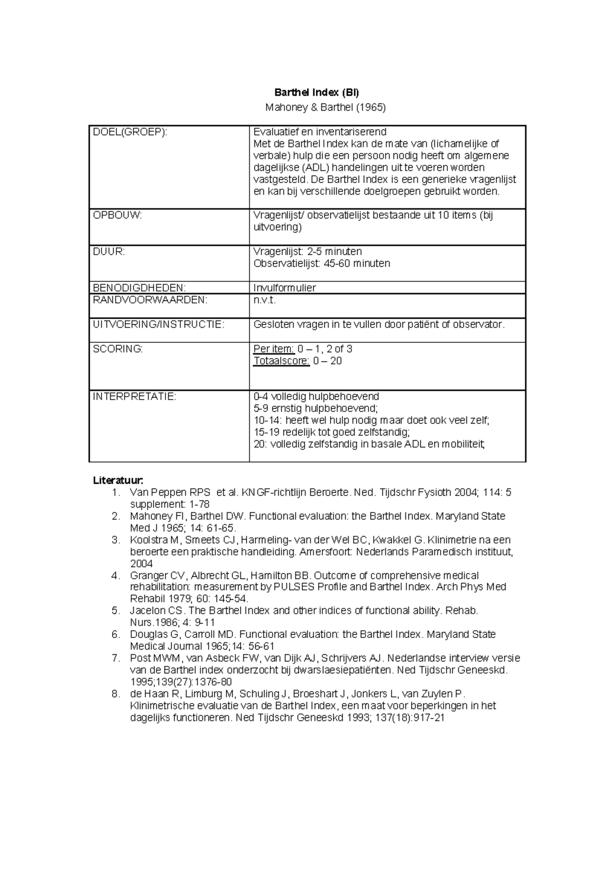 Barthel Index (zelfredzaamheid) Barthel Index (BI) Mahoney & Barthel
