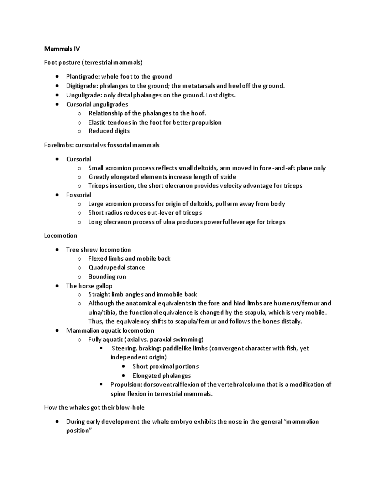 Mammals IV - Part 1 - Mammals IV Foot posture (terrestrial mammals