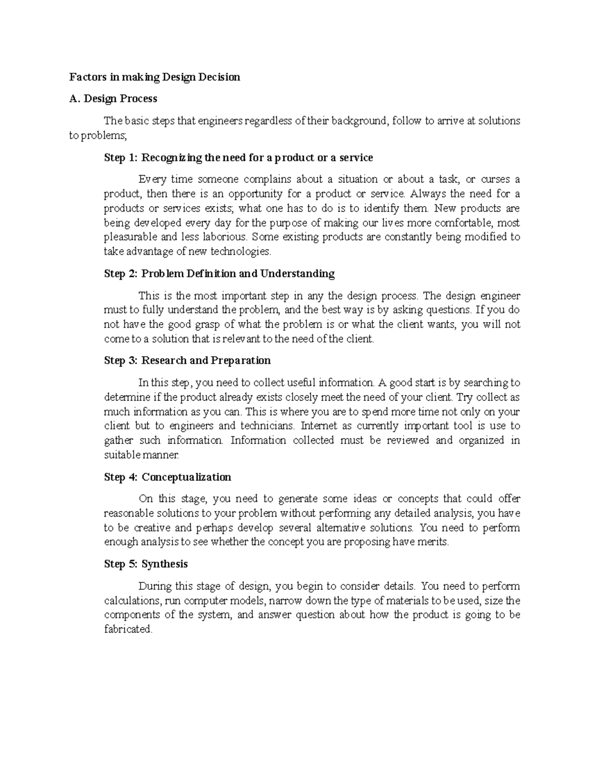 Design Thinking Process - Factors in making Design Decision A. Design ...