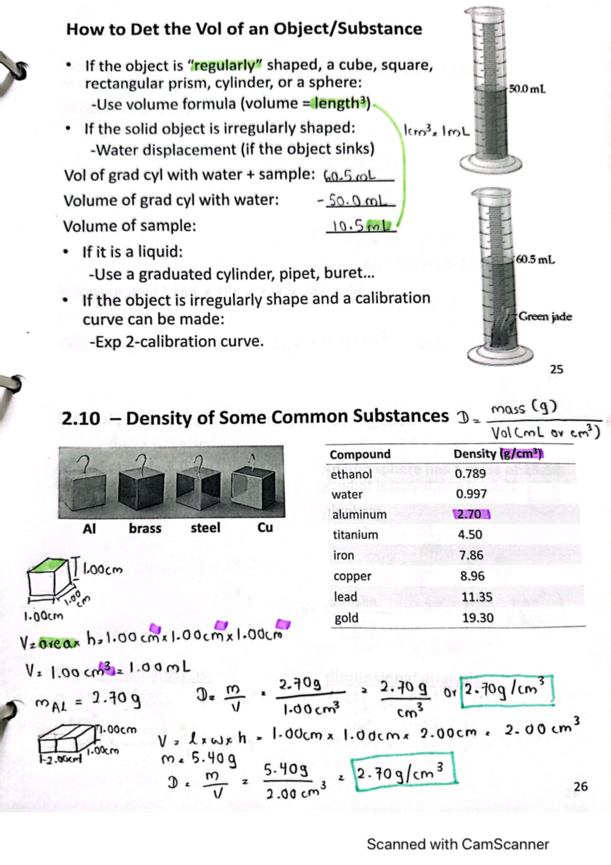 Chem 3 how to det the vol of the subject/ density/ dimensional