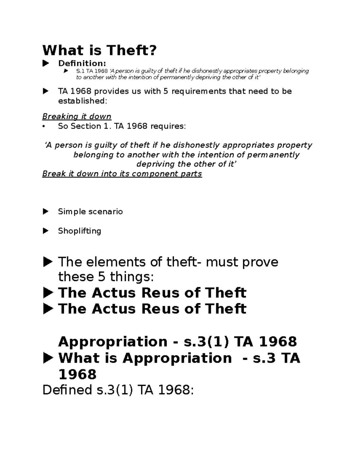 Property offences Theft What is Theft? Definition S TA 1968 ‘A
