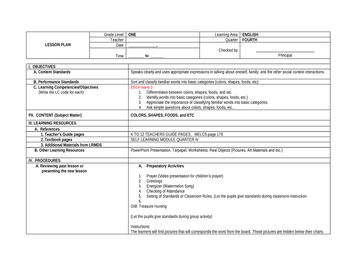 English-LP-Q4 - COT - LESSON PLAN Grade Level ONE Learning Area ENGLISH ...