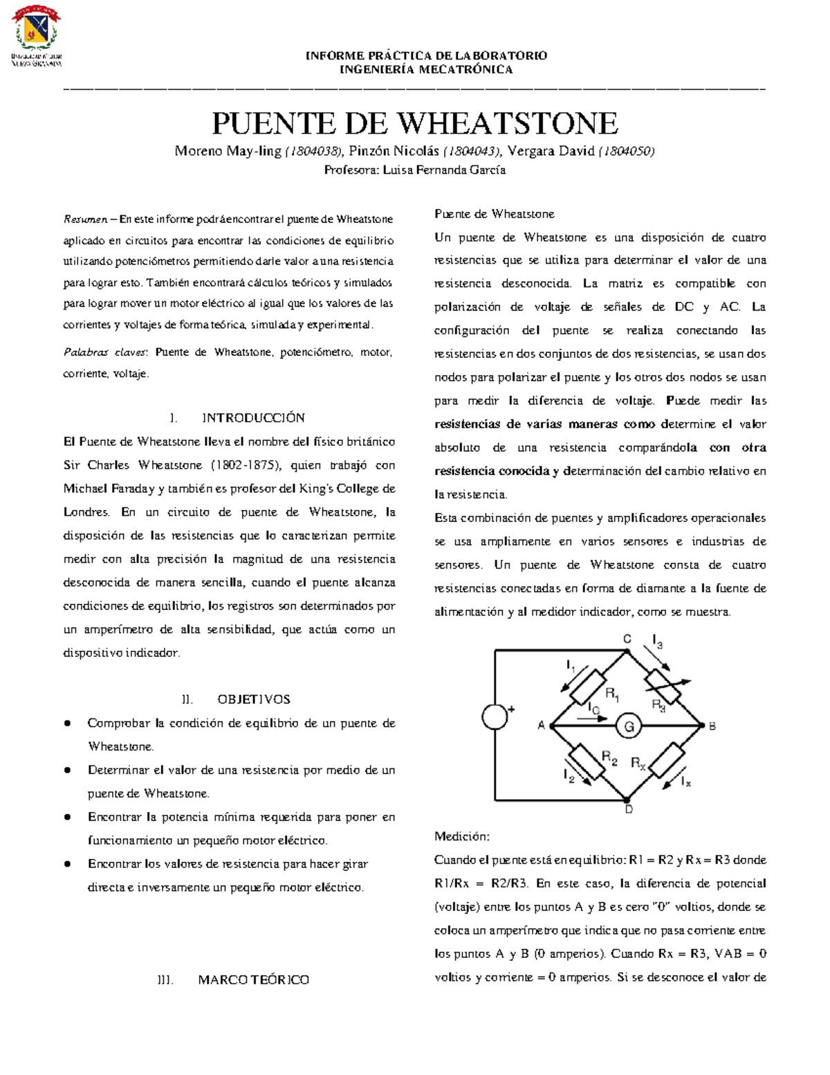 Puente De Wheatstone Unmg - INGENIERÍA MECATRÓNICA - Studocu