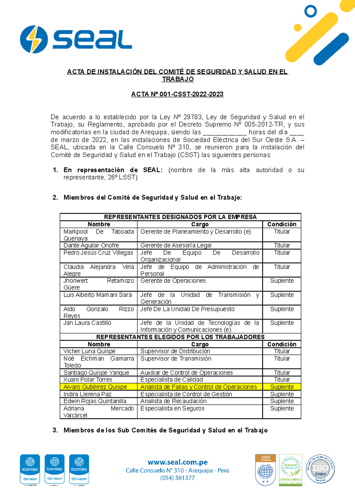 Acta De Instalación CSST - ACTA DE INSTALACIÓN DEL COMITÉ DE SEGURIDAD ...