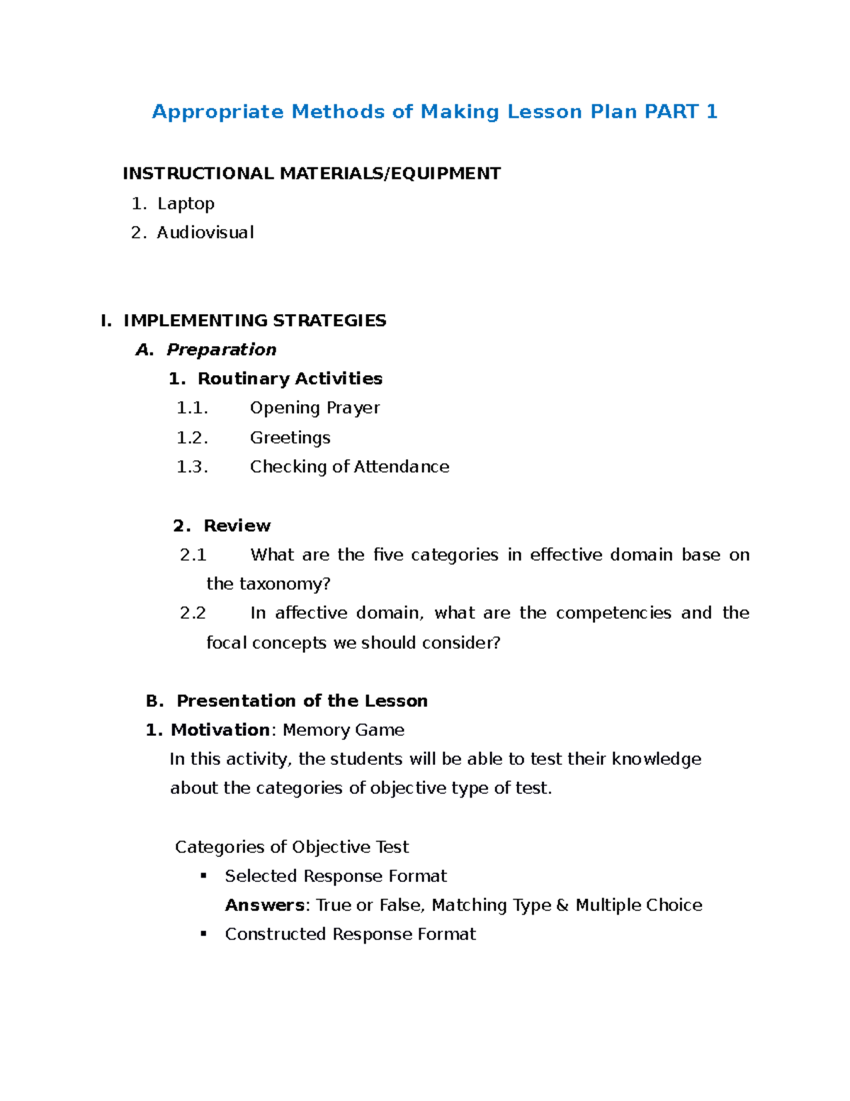 methodology used in lesson plan