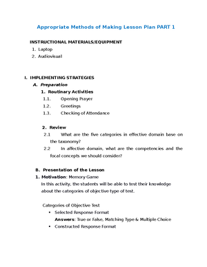 Assessment Learning Appropriate Methods of Making Lesson Plan PART 4 ...
