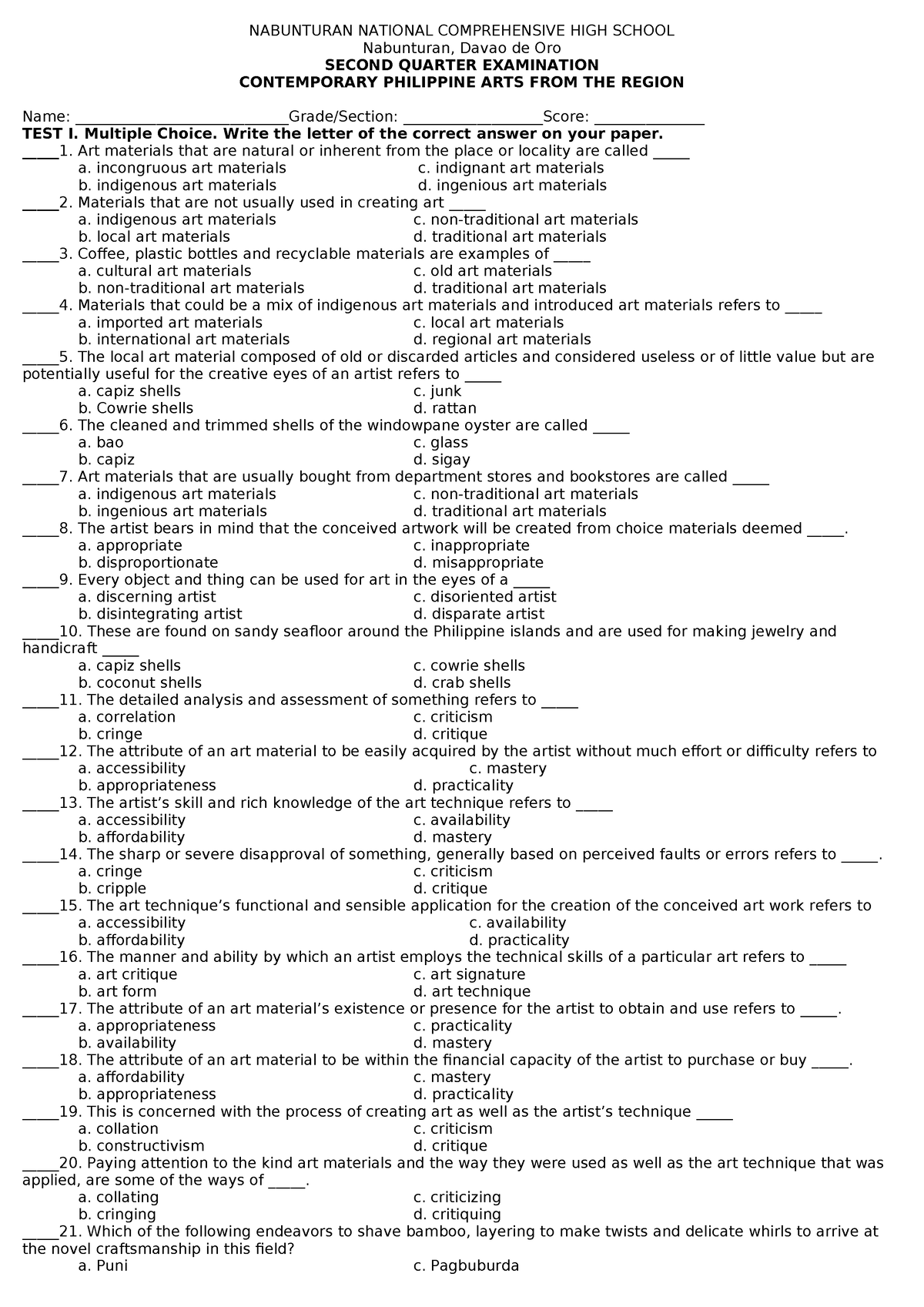 CPAR Q2 EXAM Final - Contemporary Arts - NABUNTURAN NATIONAL ...