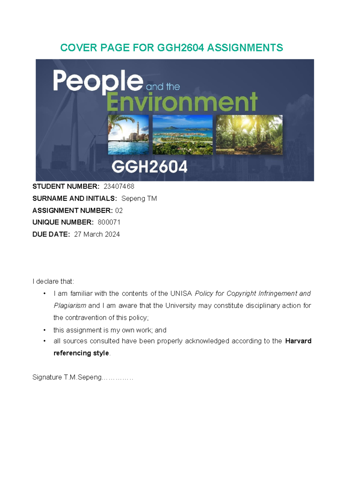 Assignment cover page-GGH2604 2 - COVER PAGE FOR GGH2604 ASSIGNMENTS ...