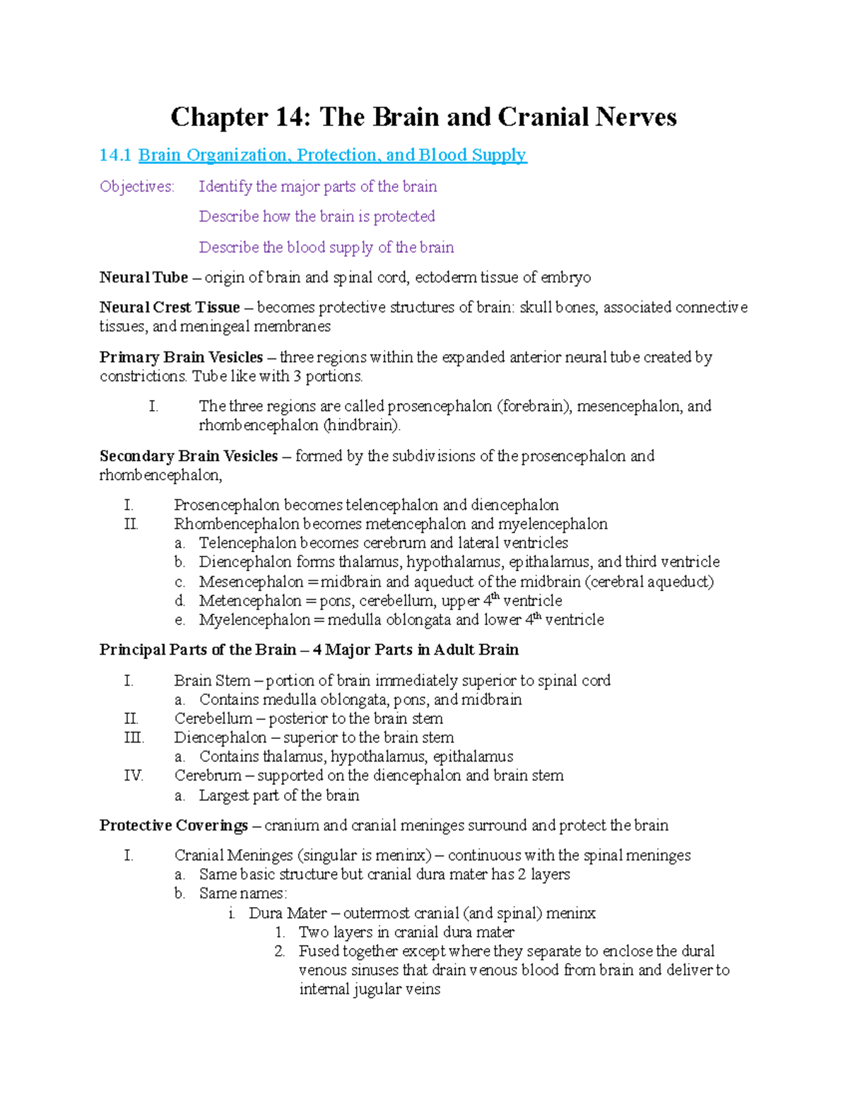 BIO 235 Chap 14 - notes - Chapter 14: The Brain and Cranial Nerves 14 ...