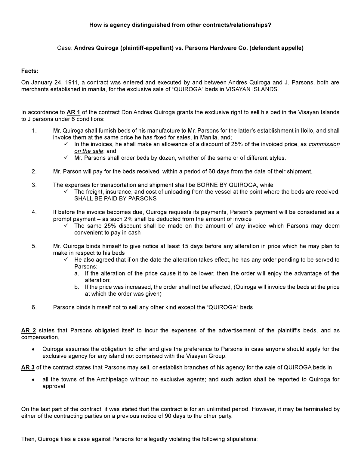 Case Digest - Quiroga vs Parsons - How is agency distinguished from ...