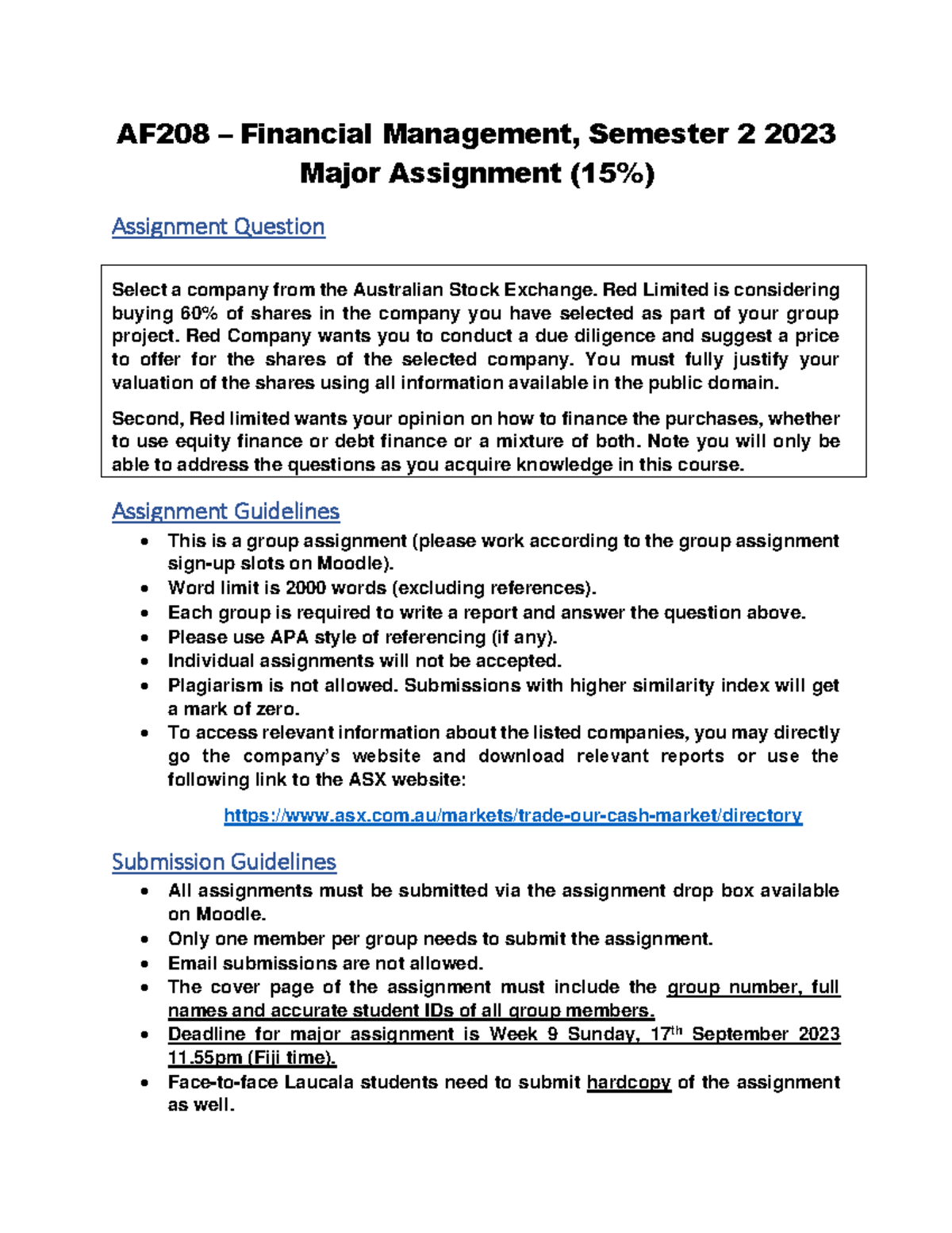 Major Assignment - AF208 – Financial Management, Semester 2 2023 Major ...