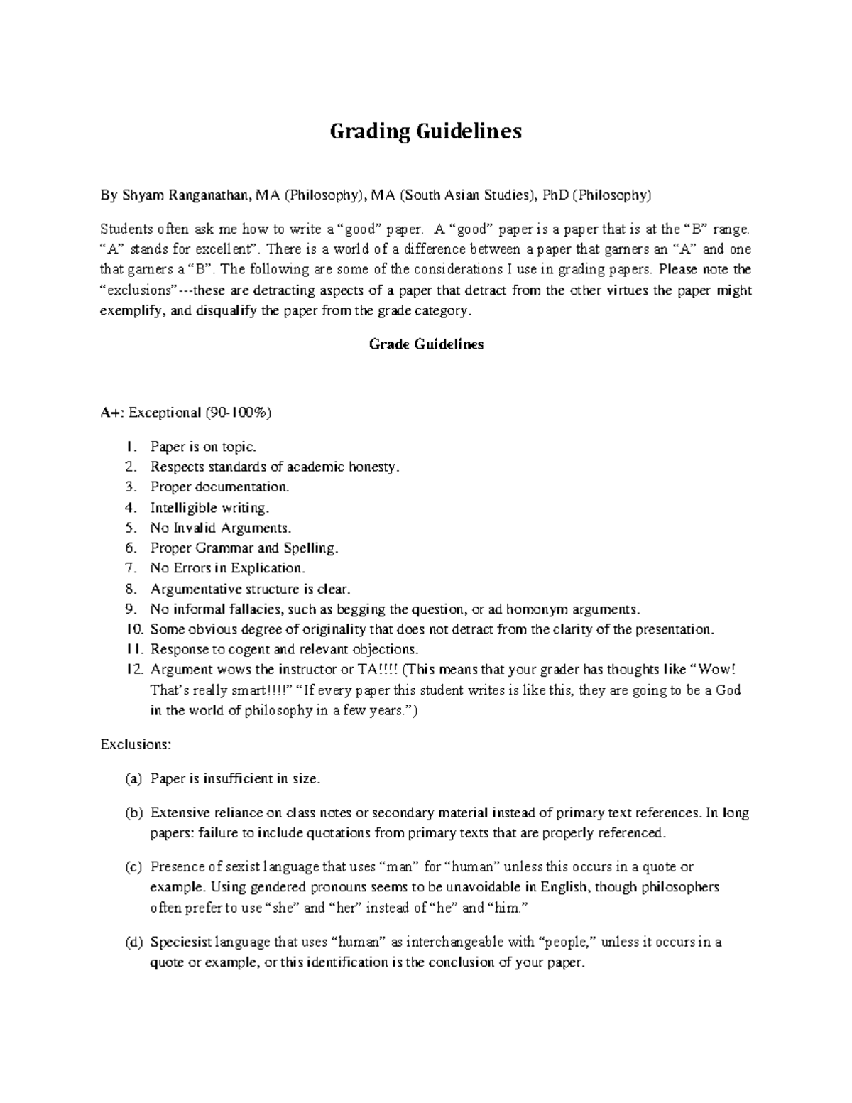 Dr. S. Ranganathan Paper Grading Guide - m.o.d.r 1730 - Yorku - Studocu