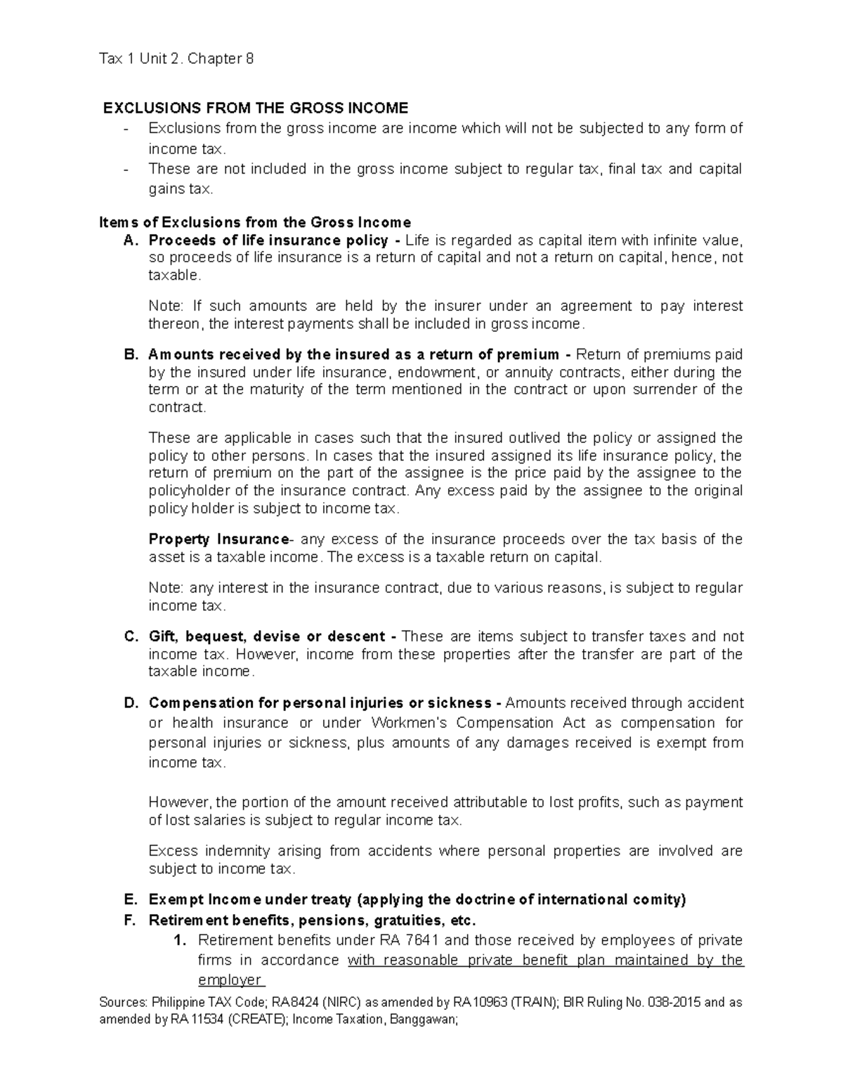 Tax 1 Unit 2. Chapter 8 - EXCLUSIONS FROM THE GROSS INCOME Exclusions ...