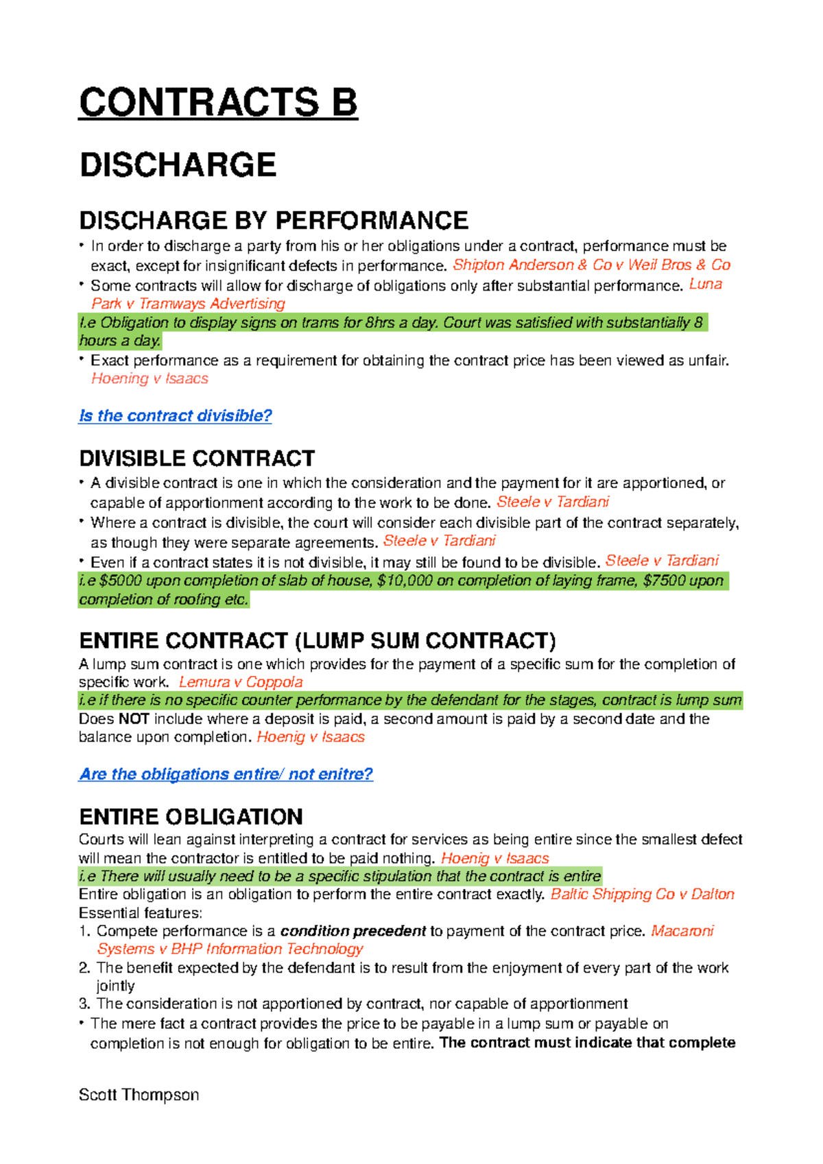 Lecture Notes, Lecture Contracts B Notes - CONTRACTS B DISCHARGE ...