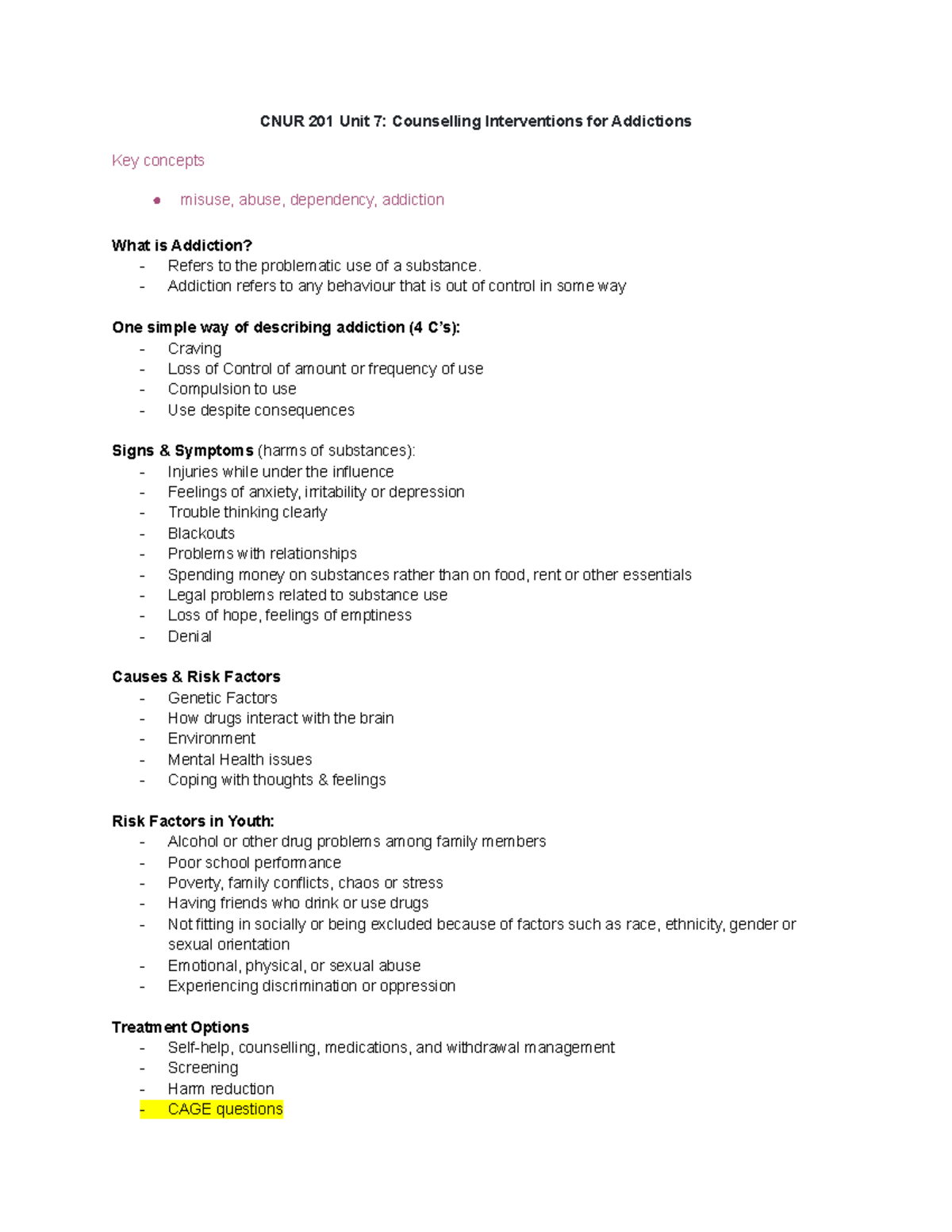 201 Unit 7 - Spring Course - CNUR 201 Unit 7: Counselling Interventions ...