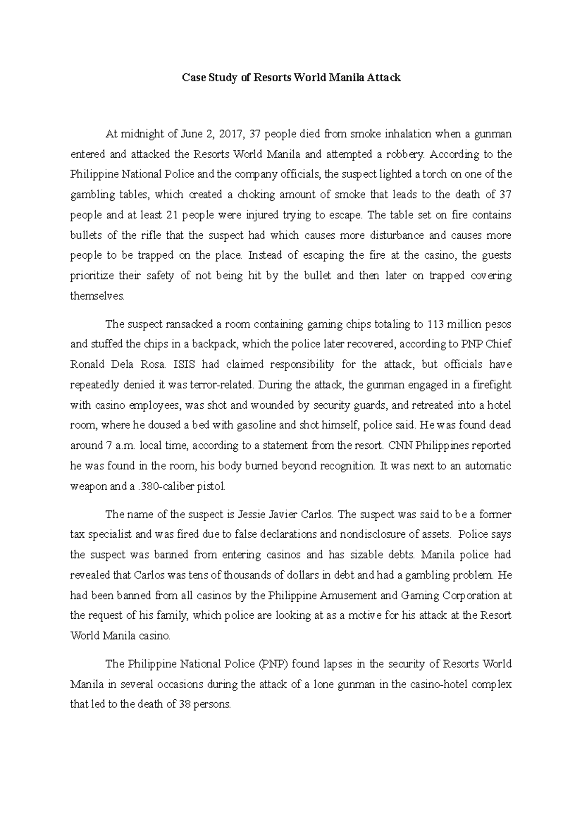 Case Analysis on the Resort World Manila Attack - Case Study of Resorts ...